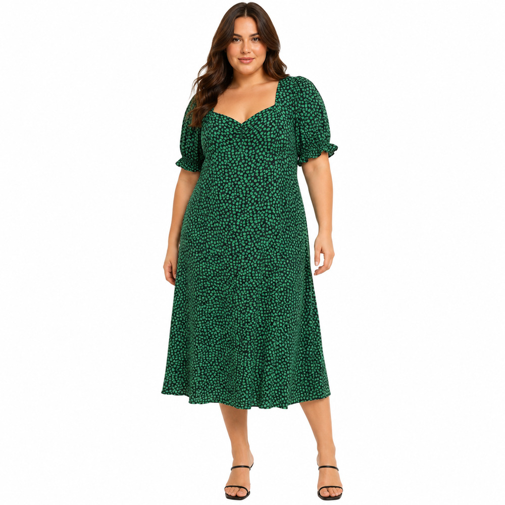 H&M Green Black Floral Coquette Short Sleeve Midi Sweetheart Neck Dress sz XXL